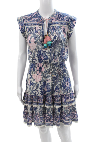 Bell Womens Mini Floral V-Neck Sleeveless Blue Cotton Dress Size S