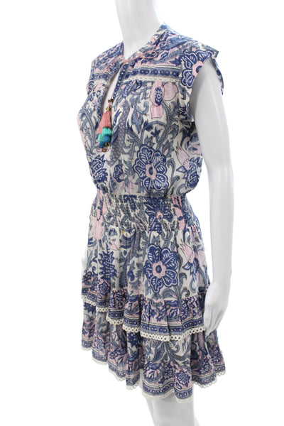 Bell Womens Mini Floral V-Neck Sleeveless Blue Cotton Dress Size S