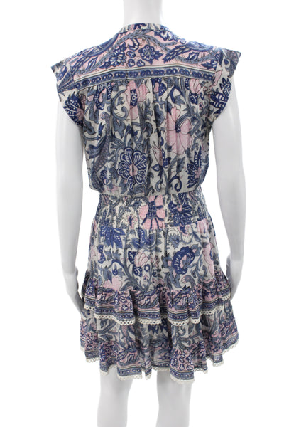 Bell Womens Mini Floral V-Neck Sleeveless Blue Cotton Dress Size S