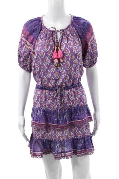 Bell Women Mini Floral Cotton Short Sleeve Round Neck Dress Purple Size XS