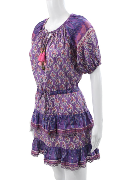 Bell Women Mini Floral Cotton Short Sleeve Round Neck Dress Purple Size XS