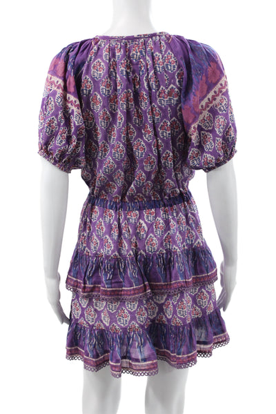 Bell Women Mini Floral Cotton Short Sleeve Round Neck Dress Purple Size XS
