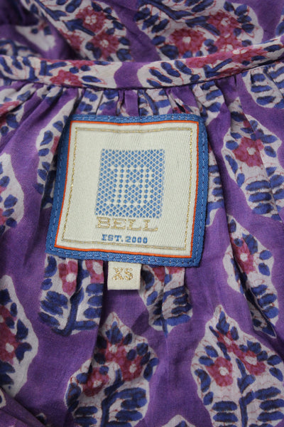 Bell Women Mini Floral Cotton Short Sleeve Round Neck Dress Purple Size XS