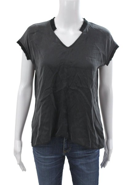 Go By GoSilk Women Black Silk V-Neck T-Shirt Short Sleeve Basic Size XS