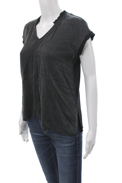Go By GoSilk Women Black Silk V-Neck T-Shirt Short Sleeve Basic Size XS
