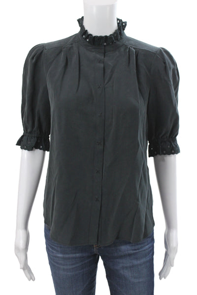 Go By GoSilk Women Black Silk High Neck Short Sleeve Basic Blouse Size XS