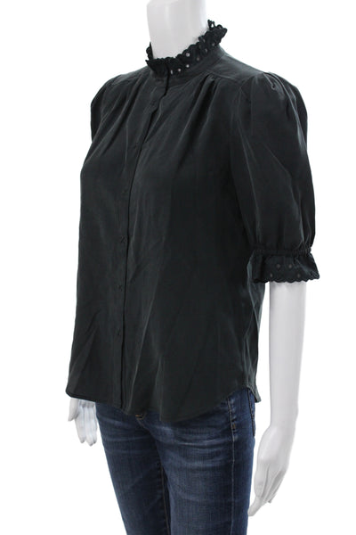 Go By GoSilk Women Black Silk High Neck Short Sleeve Basic Blouse Size XS