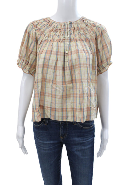The Great Womens Tunic Blouse Beige Plaid Button Short Sleeve Cotton Size 0