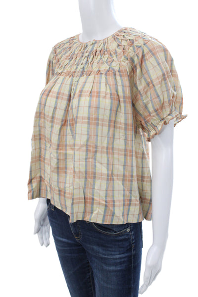 The Great Womens Tunic Blouse Beige Plaid Button Short Sleeve Cotton Size 0