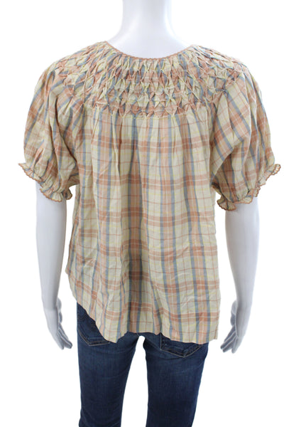 The Great Womens Tunic Blouse Beige Plaid Button Short Sleeve Cotton Size 0