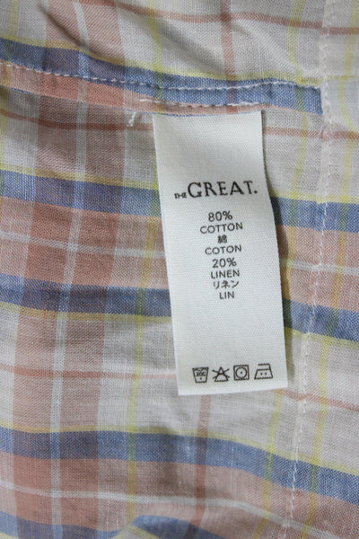 The Great Womens Tunic Blouse Beige Plaid Button Short Sleeve Cotton Size 0