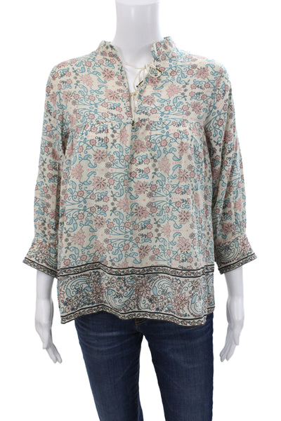 Ulla Johnson Womens Tunic Beige Floral Henley 3/4 Sleeve Cotton Tie Size 2
