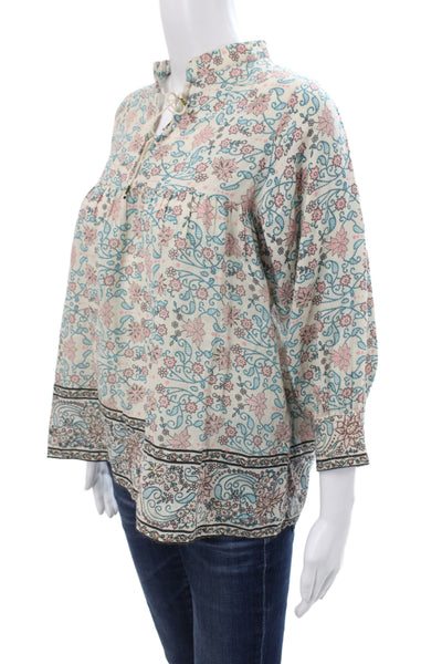 Ulla Johnson Womens Tunic Beige Floral Henley 3/4 Sleeve Cotton Tie Size 2