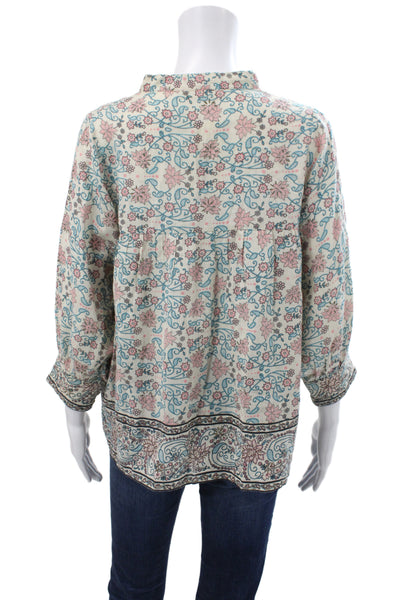 Ulla Johnson Womens Tunic Beige Floral Henley 3/4 Sleeve Cotton Tie Size 2
