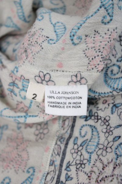 Ulla Johnson Womens Tunic Beige Floral Henley 3/4 Sleeve Cotton Tie Size 2