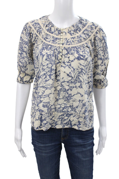 The Great Womens Tunic Blouse Blue Floral 3/4 Sleeve Round Neck Cotton Size 0