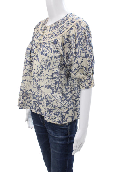 The Great Womens Tunic Blouse Blue Floral 3/4 Sleeve Round Neck Cotton Size 0