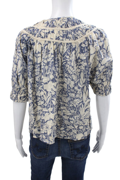 The Great Womens Tunic Blouse Blue Floral 3/4 Sleeve Round Neck Cotton Size 0