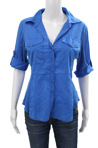 Bobi Womens Basic Collared Button Blouse Blue 3/4 Sleeve Size M