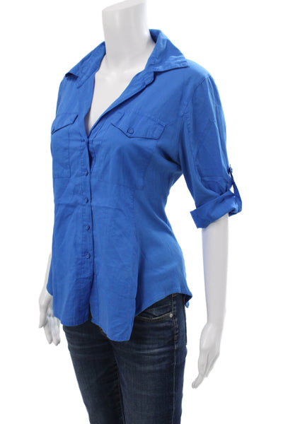 Bobi Womens Basic Collared Button Blouse Blue 3/4 Sleeve Size M