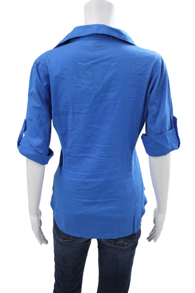 Bobi Womens Basic Collared Button Blouse Blue 3/4 Sleeve Size M