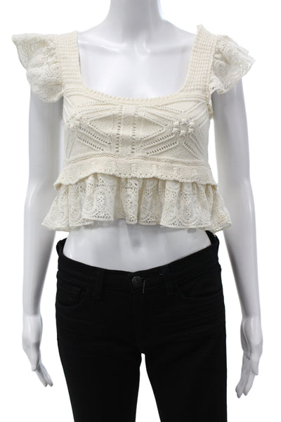 Zara Women Cropped Blouse Ivory Square Neck Short Sleeve Size S