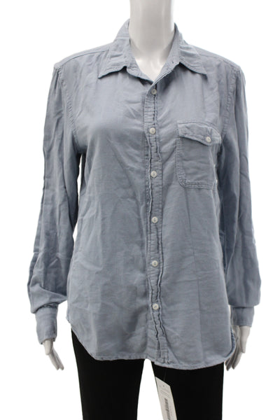 SKU Women Basic Blue Cotton Collared Button Up Long Sleeve Top Size S