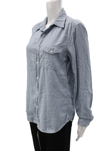 SKU Women Basic Blue Cotton Collared Button Up Long Sleeve Top Size S