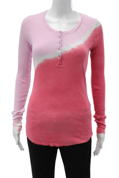 Sundry Women Basic Button-Up Pink Henley Long Sleeve Colorblock Cotton Size 0