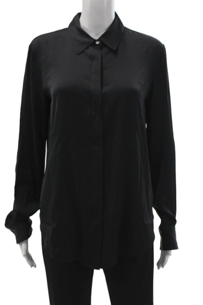 Theory Womens Basic Black 93% Silk Collared Button Long Sleeve Blouse Size S