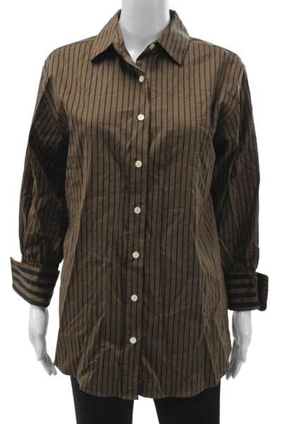 Hinson Wu Women Striped Cotton Button-Up Blouse Brown Long Sleeve Size S