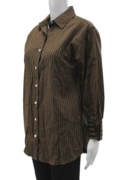 Hinson Wu Women Striped Cotton Button-Up Blouse Brown Long Sleeve Size S