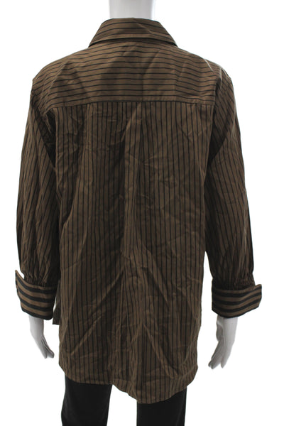 Hinson Wu Women Striped Cotton Button-Up Blouse Brown Long Sleeve Size S
