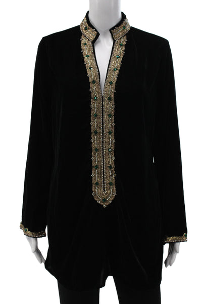 Bella Tu Women Velvet V-Neck Tunic Blouse Black Long Sleeve Boho Fall Size L