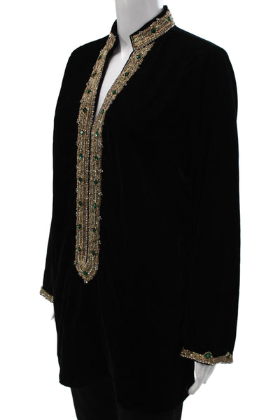 Bella Tu Women Velvet V-Neck Tunic Blouse Black Long Sleeve Boho Fall Size L