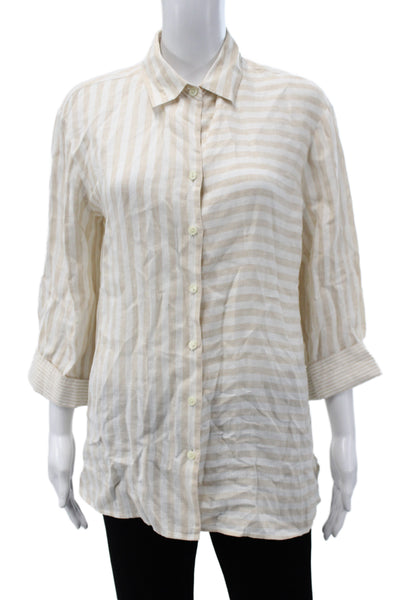 Hinson Wu Women Beige Striped Linen Collared Button-Up 3/4 Sleeve Top Size 1