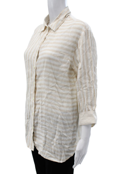 Hinson Wu Women Beige Striped Linen Collared Button-Up 3/4 Sleeve Top Size 1