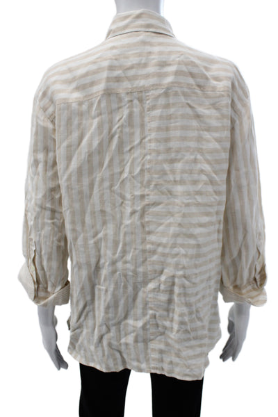 Hinson Wu Women Beige Striped Linen Collared Button-Up 3/4 Sleeve Top Size 1