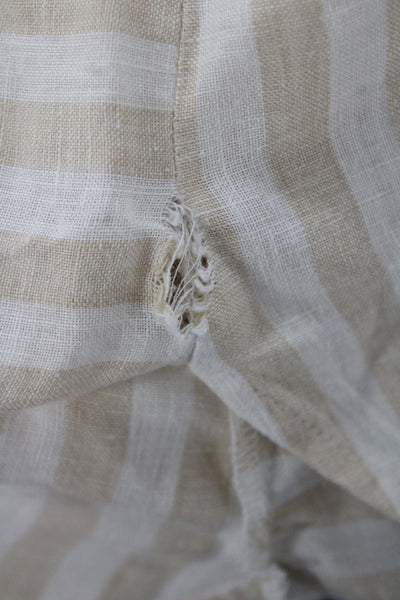 Hinson Wu Women Beige Striped Linen Collared Button-Up 3/4 Sleeve Top Size 1