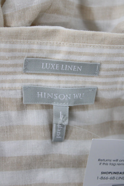 Hinson Wu Women Beige Striped Linen Collared Button-Up 3/4 Sleeve Top Size 1