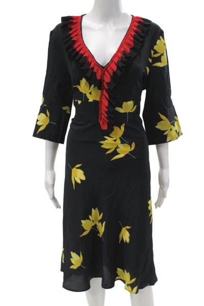 Marni Women Fit & Flare Silk Floral Midi Dress Button V-Neck Size M