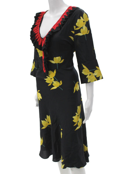 Marni Women Fit & Flare Silk Floral Midi Dress Button V-Neck Size M