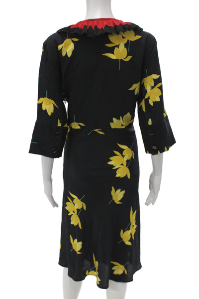 Marni Women Fit & Flare Silk Floral Midi Dress Button V-Neck Size M
