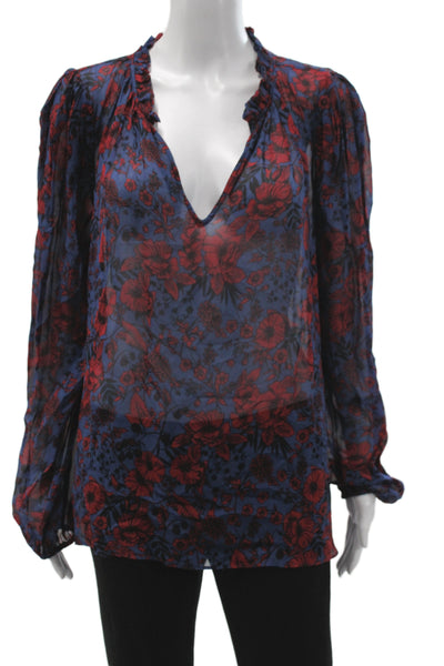 Shoshanna Womens Tunic Blouse Blue Floral V-Neck Long Sleeve Size M