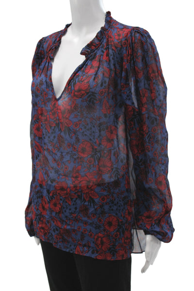 Shoshanna Womens Tunic Blouse Blue Floral V-Neck Long Sleeve Size M