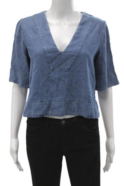 ALC Women Cropped Blouse Blue V-Neck Short Sleeve Lyocell Size 4