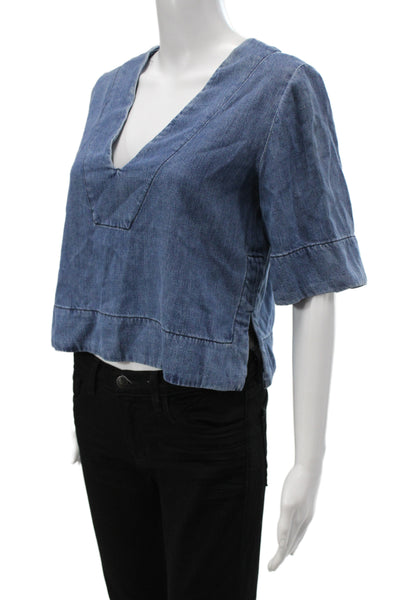 ALC Women Cropped Blouse Blue V-Neck Short Sleeve Lyocell Size 4