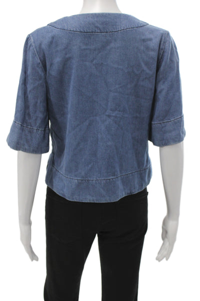ALC Women Cropped Blouse Blue V-Neck Short Sleeve Lyocell Size 4