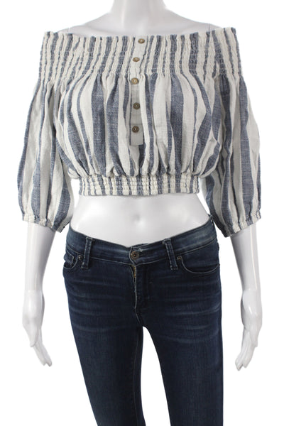 Vintage Havana Women Cropped Off Shoulder Striped Cotton Blouse Blue 3/4 Size S