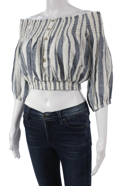 Vintage Havana Women Cropped Off Shoulder Striped Cotton Blouse Blue 3/4 Size S